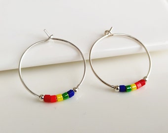 Silver rainbow hoop earrings for woman,colorful earrings,dainty 925 silver gift for women,delicate crystal boho jewelry,gay pride earings