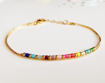 Gold rainbow miyuki strand colorful women's bracelet,extra thin delicate woman ankle bracelet,pride layered bracelet,gradient anklet summer