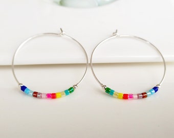 Silver rainbow medium big size hoop earrings for woman,colorful earrings,dainty 925 silver gift for women,delicate crystal boho lgtb jewelry