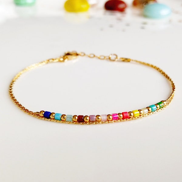 Gold regenbogen Miyuki strang bunte damen armband,extra dünnes zartes damen knöchel armband,pride schichten armband,gradient anklet sommer