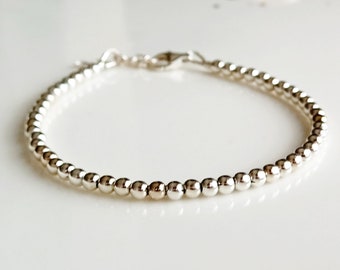 Dainty 925 sterling silver bracelet,layering sparkly bracelet,rounded beaded 3mm bracelet,thin bracelet for women,silver jewellery gift
