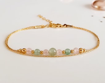 Bracelet en or et quartz rose aventurine verte, bracelet à superposition, bracelets en cristal empilables pour femme, bracelet de pierres précieuses, cadeau bijoux de guérison