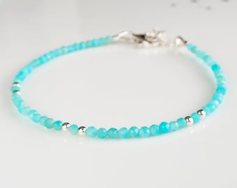 Silver amazonite bracelet,beaded bracelet,925 sterling silver gemstone bracelet,blue gem stone bracelet,gift for her,healing stackable jewel