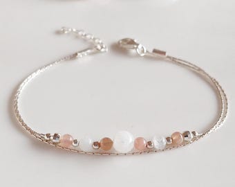 Sun stone and moonstone silver bracelet,layered bracelet,stackable crystal bracelet,bar bracelet for women,boho bracelet,silver jewelry gift