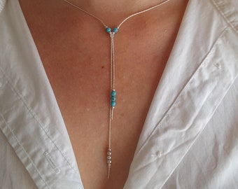 Layered turquoise silver chain necklace,turquoise beaded choker,thin gemstone boho turquoise necklace,925 sterling silver layering necklace