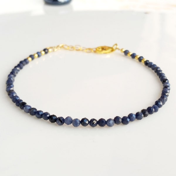 Blue sapphire gemstone bracelet,chakra healing jewellery,september birthstone bracelet,crystal gold filled jewelry,tiny blue beaded bracelet