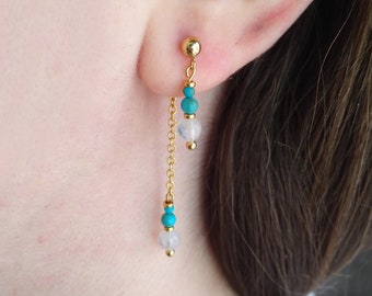 Turquoise tear drop moonstone long threaded earrings,gold plated chain earing,december jewelry,gift for women,threader drop earrings,pendant