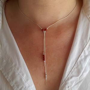 Red jasper 925 silver layering necklace,healing calming protection lariat necklace,red boho gem stone Y choker,thin necklace,woman love gift