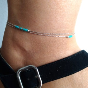 Sterling silver dainty anklet,delicate silver anklet,tiny ankle bracelet,body two strands jewelry,layer silver anklet,miyuki blue jewellery