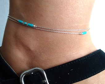 Sterling silver dainty anklet,delicate silver anklet,tiny ankle bracelet,body two strands jewelry,layer silver anklet,miyuki blue jewellery