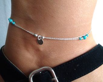 Sterling silver medal turquoise anklet,delicate silver anklet,thin ankle bracelet,body charm jewelry,gift for her,layered silver boho anklet