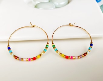 Gold rainbow medium big hoop earrings for woman,colorful earrings,dainty gold filled gift for women,delicate crystal boho jewelry,pride gift