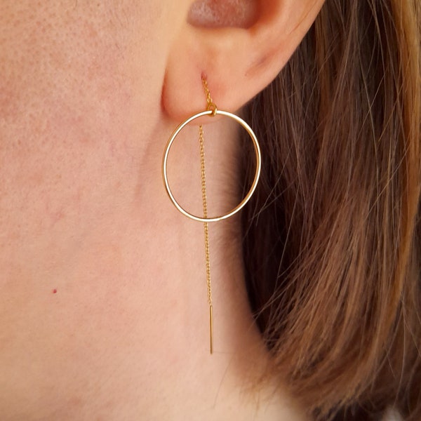 Circle threader gold earrings,dangle long earrings,pull through earrings,long threader earrings,delicate chain earring,edgy modern earrings