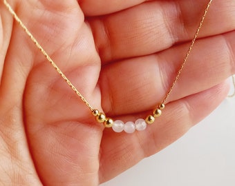 Gold rose quartz beaded necklace,woman dainty choker,gold gemstone jewellery,delicate layered choker necklace,pink rose crystal pendant,boho