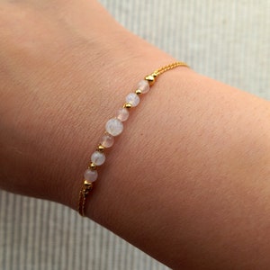 Dainty rose quartz moonstone gold bracelet,layering gemstone bracelet,stackable crystal bracelet for women,gold filled cream healing jewelry