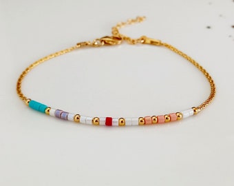 Delicate gold bracelet tiny miyuki,minimal thin dainty colorful beaded chain bracelet,multicolor boho friendship bracelet,white jewellery