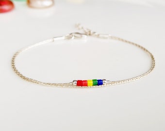 Sterling silver 925 short rainbow miyuki stranded colorful women bracelet,extra thin delicate lgtbqi+ ankle bracelet,pride layered bracelet