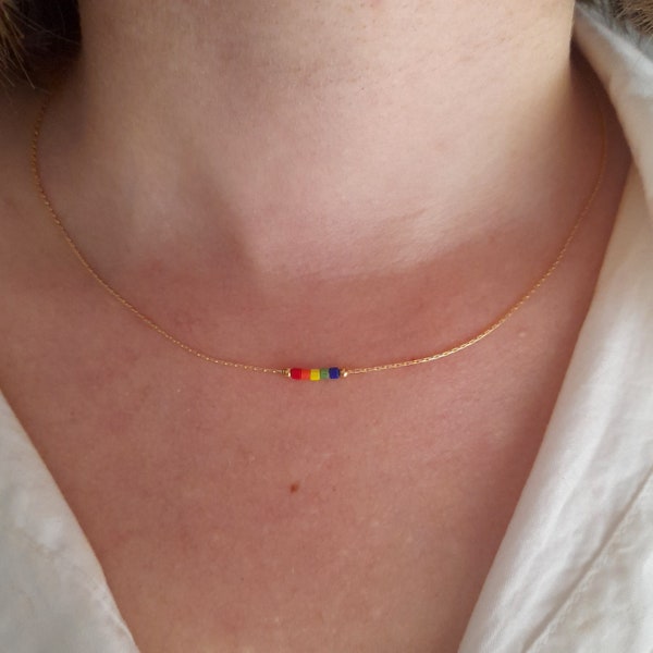 Gold filled rainbow miyuki necklace,minimal delicate necklace,dainty ombre gradient necklace,colorful chromatic beaded boho crystal necklace