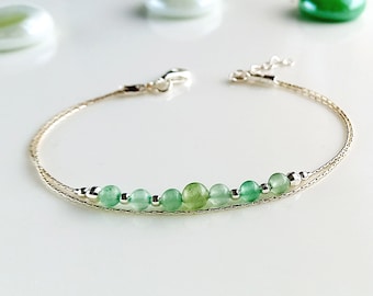 Delicato bracciale in argento con avventurina verde, bracciale a strati, braccialetti di cristallo impilabili per donna, bracciale con pietre preziose boho, gioielli curativi