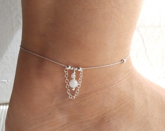 Sterling silver drop anklet,delicate silver anklet,tiny ankle bracelet,body jewelry,gift for her,layered silver anklet,moonstone jewellery