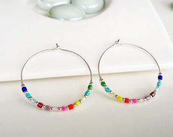 Silver rainbow medium big hoop earrings for woman,colorful earrings,dainty 925 silver gift for women,delicate crystal boho lgtbqi+ jewelry