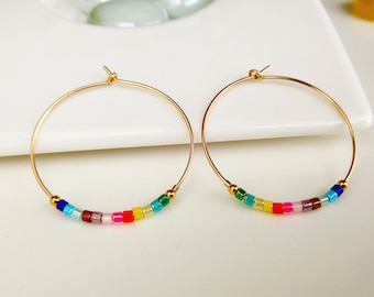 Gold rainbow medium big hoop earrings for woman,colorful earrings,dainty gold filled gift for women,delicate crystal boho jewelry,pride gift