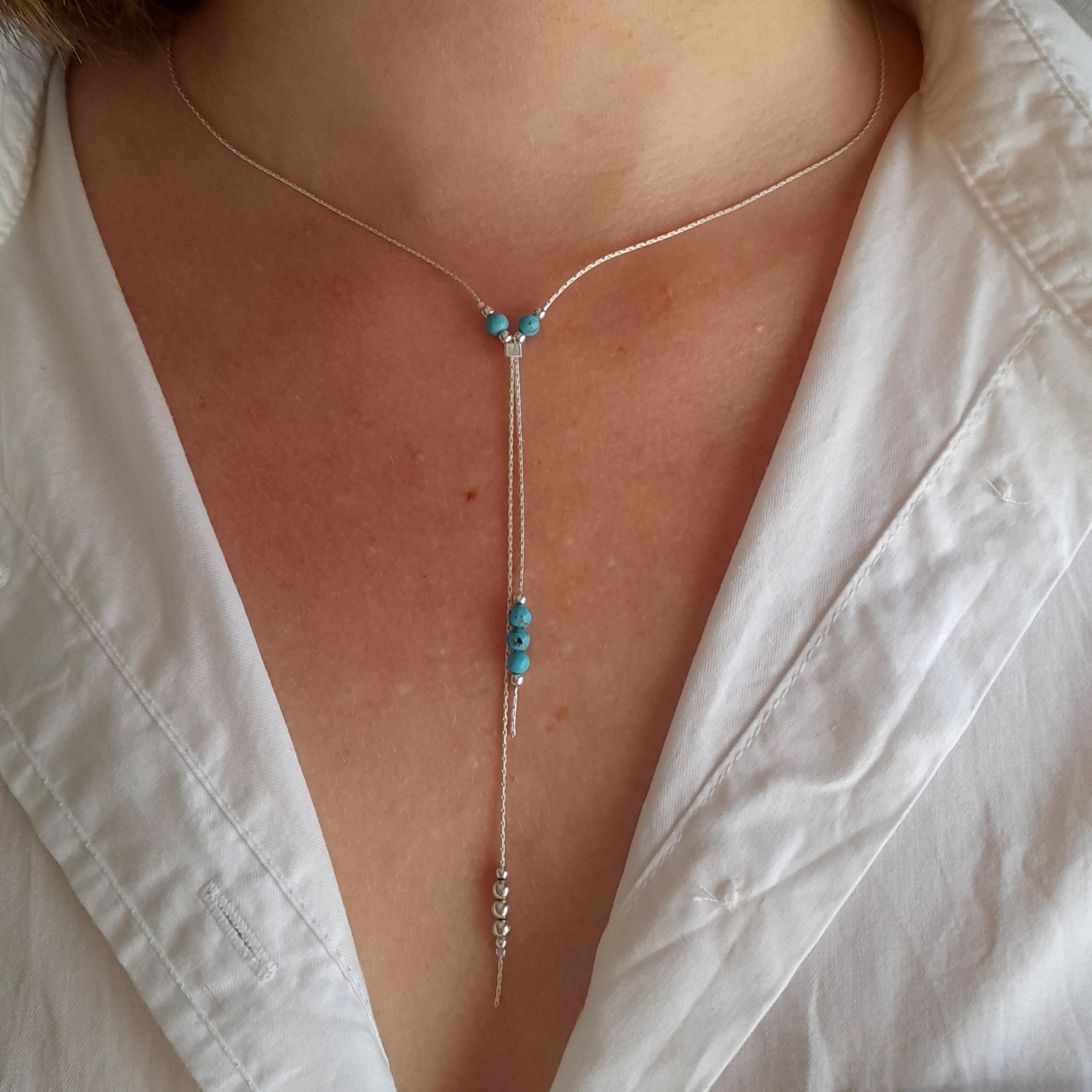 Layered turquoise silver chain necklace,turquoise beaded choker,thin gemstone boho turquoise necklace,925 sterling silver layering necklace