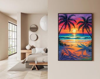 Tropical Sunset with Golden Beach Palm Trees (Downloadable Digital Art)