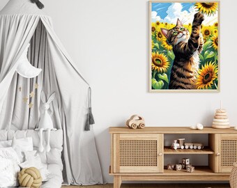 Cat Playing in a Field of Sunflowers (Downloadable Digital Art)