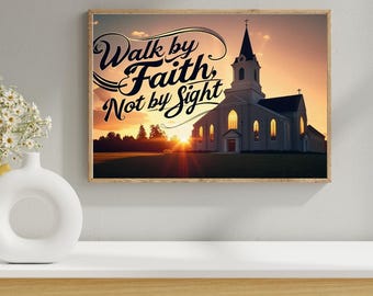 Inspirational Church Sunset Print: Walk by Faith Bible Verse (Downloadable Digital Art)