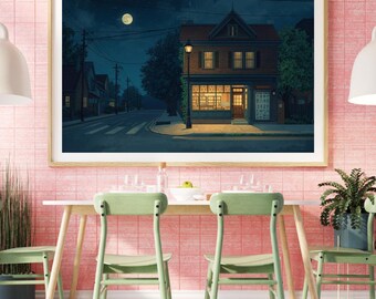 Old-Fashioned Storefront Under a Full Moon (Downloadable Digital Art)