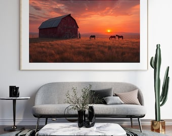 Farm Sunset Print: Horses Grazing, Rustic Barn Landscape (Downloadable Digital Art)
