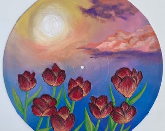 Sunrise Tulip Field 12x12in // ORIGINAL acrylic on vinyl painting