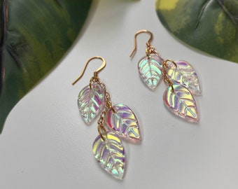 Iridescent leaf dangle earrings // 18k gold plated stainless steel fish hook