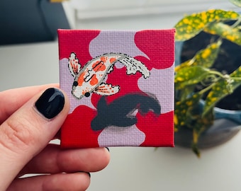 Retro Koi Fish 2x2in Mini Pintura, Púrpura y Rojo