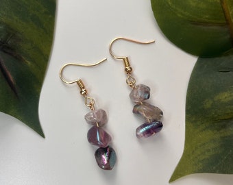 Iridescent pastel purple gem trio dangle earrings // Stainless steel fish hook