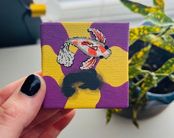 Retro Koi Fish 2x2in Mini Painting, Yellow & Purple