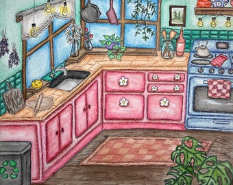 Agnes' kitchen 12x12in // ORIGINAL watercolor+colored pencil painting