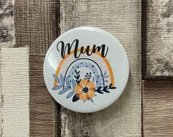 Personalised Floral Rainbow Name Button Badge 58mm Mustard & Grey