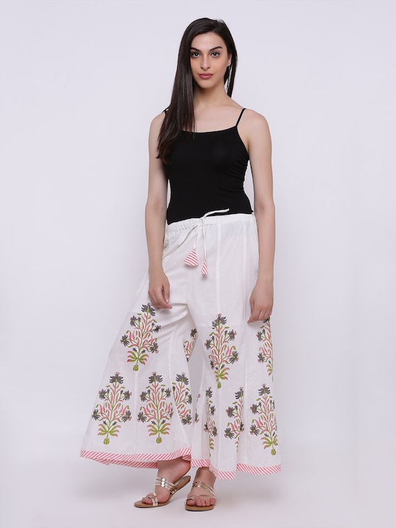 Palazzo Pants with Blue Chrysanthemum Motifs | Multicoloured | Split-Skirts- Pants, Floral, Printed, Bohemian, Indian