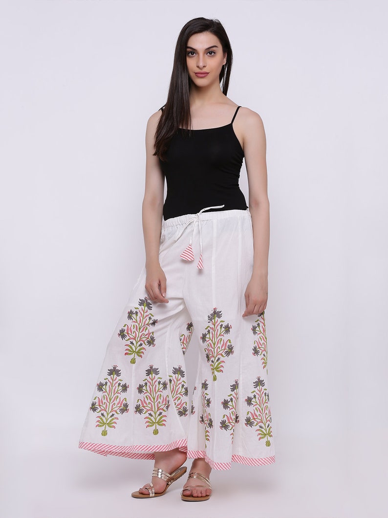 Palazzo Pants in white cotton fabric, Elastic Waist, ethnic prints, Wide leg Palazzo with Flares, Cotton Beach Pants, white Palazzo image 1