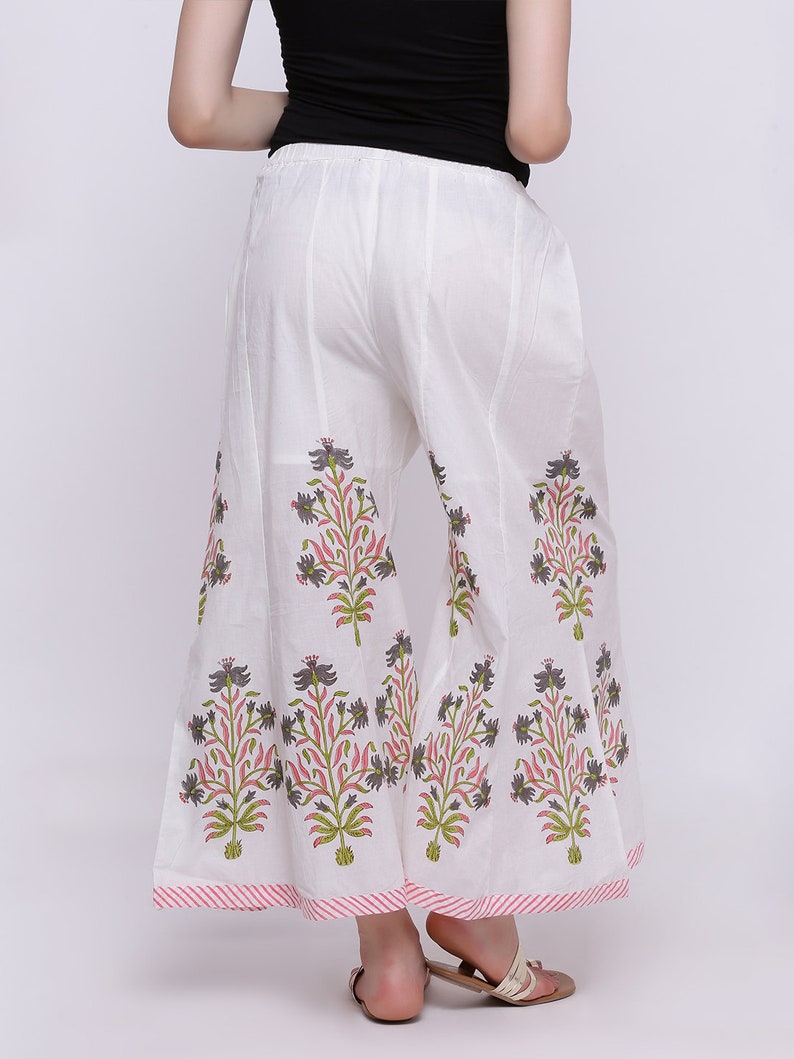 Palazzo Pants in white cotton fabric, Elastic Waist, ethnic prints, Wide leg Palazzo with Flares, Cotton Beach Pants, white Palazzo image 5