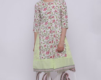 Lime hand block kurta