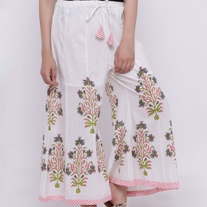 Palazzo Pants in white cotton fabric, Elastic Waist, ethnic prints, Wide leg Palazzo with Flares, Cotton Beach Pants, white Palazzo image 2