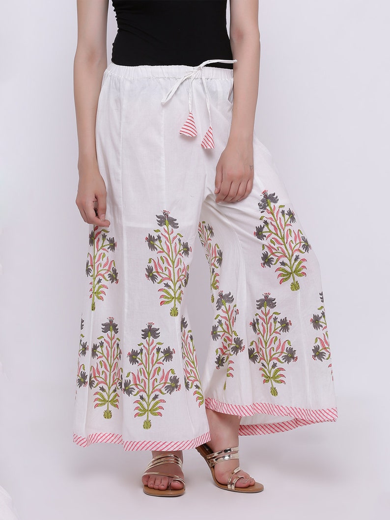 Palazzo Pants in white cotton fabric, Elastic Waist, ethnic prints, Wide leg Palazzo with Flares, Cotton Beach Pants, white Palazzo image 2