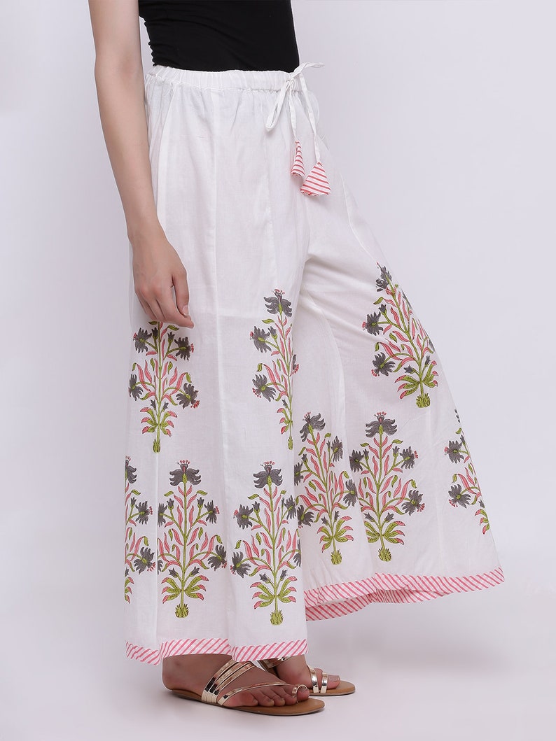 Palazzo Pants in white cotton fabric, Elastic Waist, ethnic prints, Wide leg Palazzo with Flares, Cotton Beach Pants, white Palazzo image 4