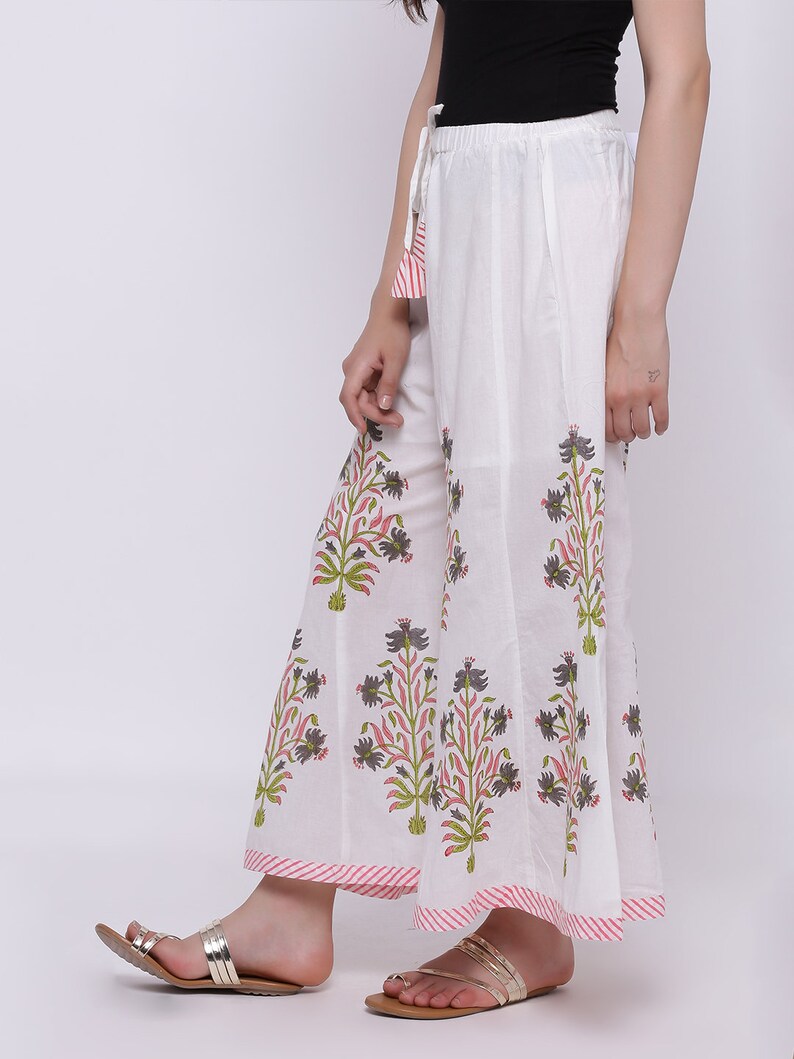 Palazzo Pants in white cotton fabric, Elastic Waist, ethnic prints, Wide leg Palazzo with Flares, Cotton Beach Pants, white Palazzo image 3