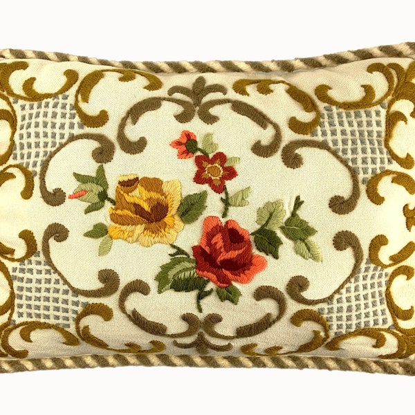 70s vintage decorative pillow with elaborate embroidery