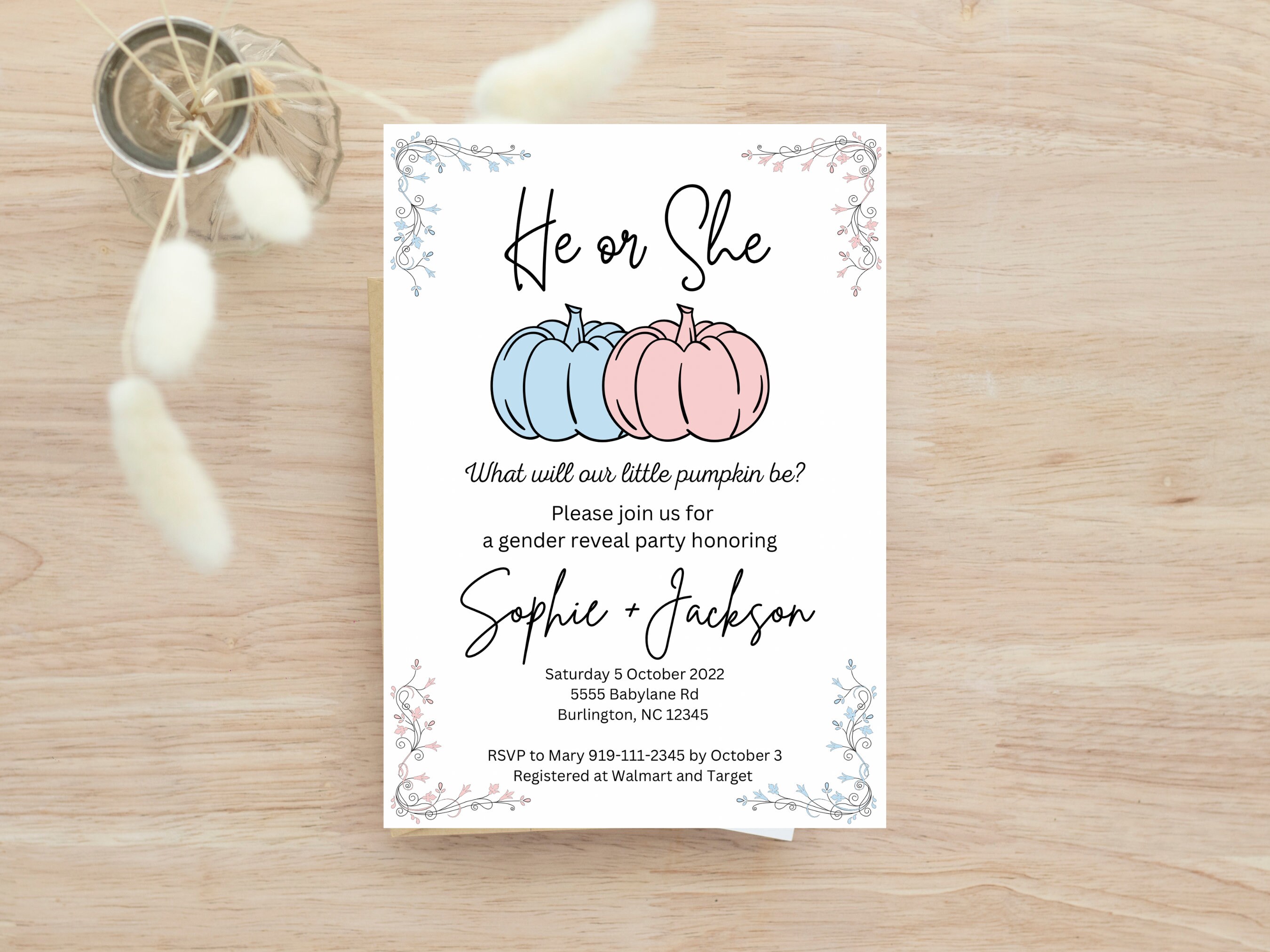 Pumpkin gender reveal invitation digital