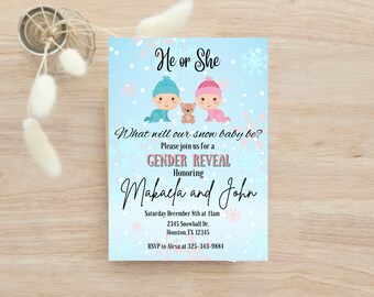 Winter Snow baby digital gender reveal editable invitation template